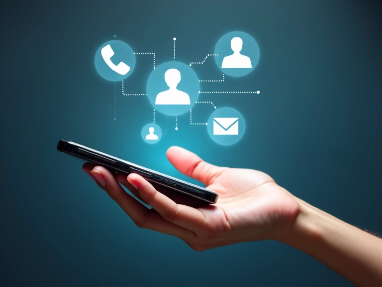 Hand holding a smartphone with contact icons on screen