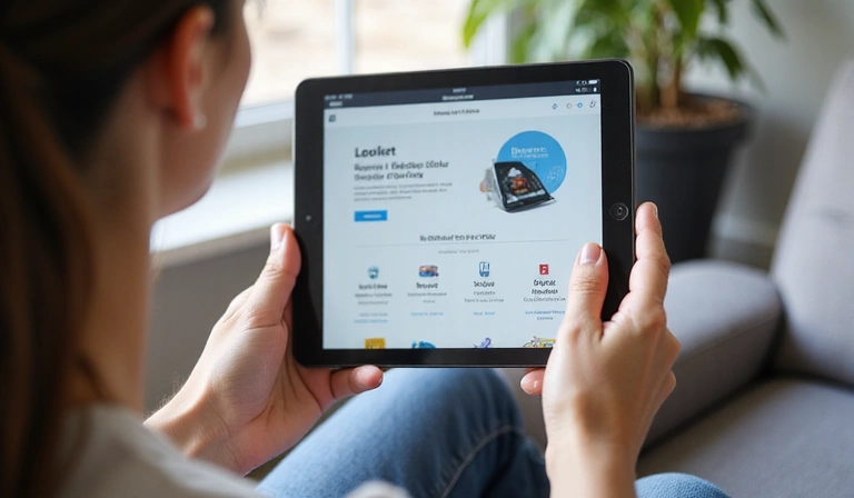 Person browsing a website on a tablet, focused and engaged